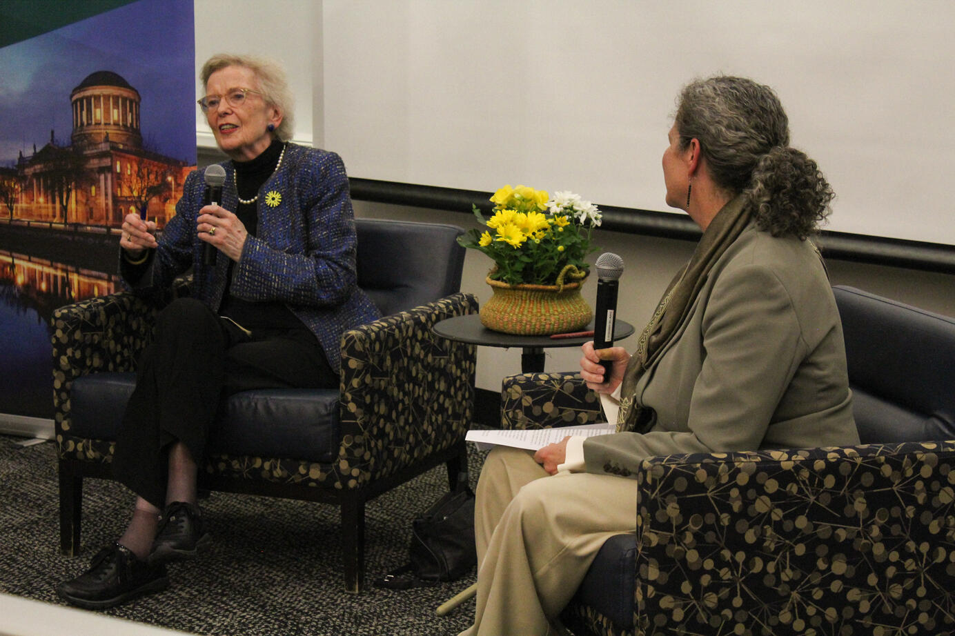 Former Irish President Mary Robinson speaks with DePaul Irish Studies program director Mary McCain at McGowan South on Feb. 28, 2025. Robinson is donating her personal literary collection to DePaul.